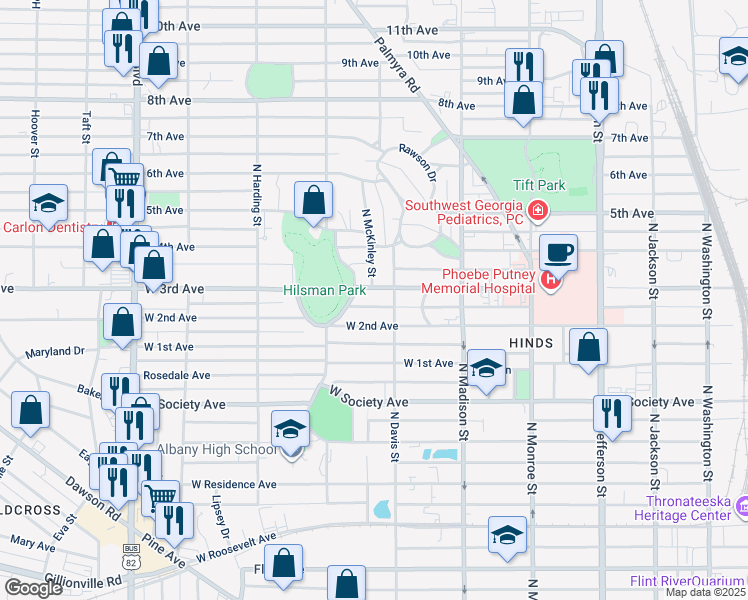 map of restaurants, bars, coffee shops, grocery stores, and more near 912 North Van Buren Street in Albany