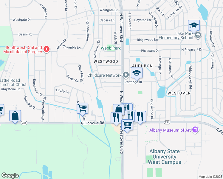 map of restaurants, bars, coffee shops, grocery stores, and more near 1200 Westwood Drive in Albany