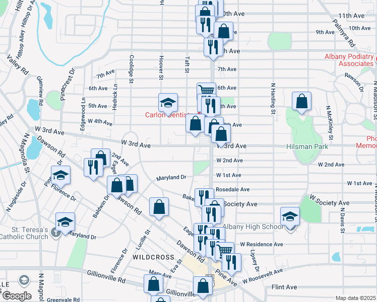 map of restaurants, bars, coffee shops, grocery stores, and more near 1202 West 3rd Avenue in Albany