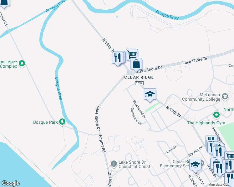 map of restaurants, bars, coffee shops, grocery stores, and more near 2320 Lake Shore Drive in Waco