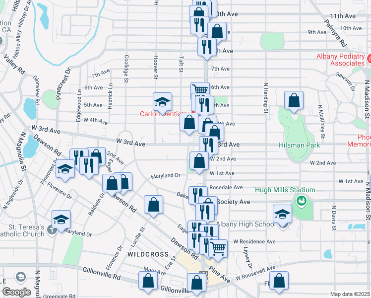 map of restaurants, bars, coffee shops, grocery stores, and more near 1200 West 3rd Avenue in Albany