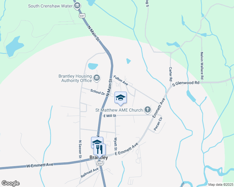 map of restaurants, bars, coffee shops, grocery stores, and more near 8879 North Main Street in Brantley