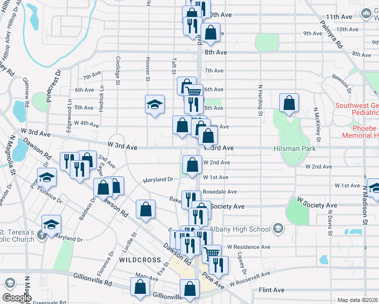 map of restaurants, bars, coffee shops, grocery stores, and more near 1104 West 3rd Avenue in Albany