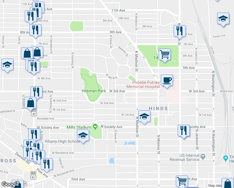 map of restaurants, bars, coffee shops, grocery stores, and more near 917 North Davis Street in Albany