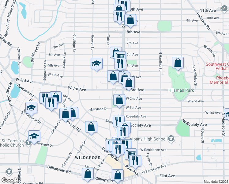 map of restaurants, bars, coffee shops, grocery stores, and more near 1104 West 3rd Avenue in Albany