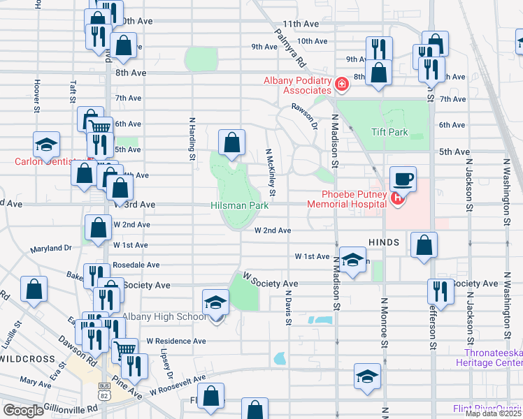 map of restaurants, bars, coffee shops, grocery stores, and more near 912 North Van Buren Street in Albany