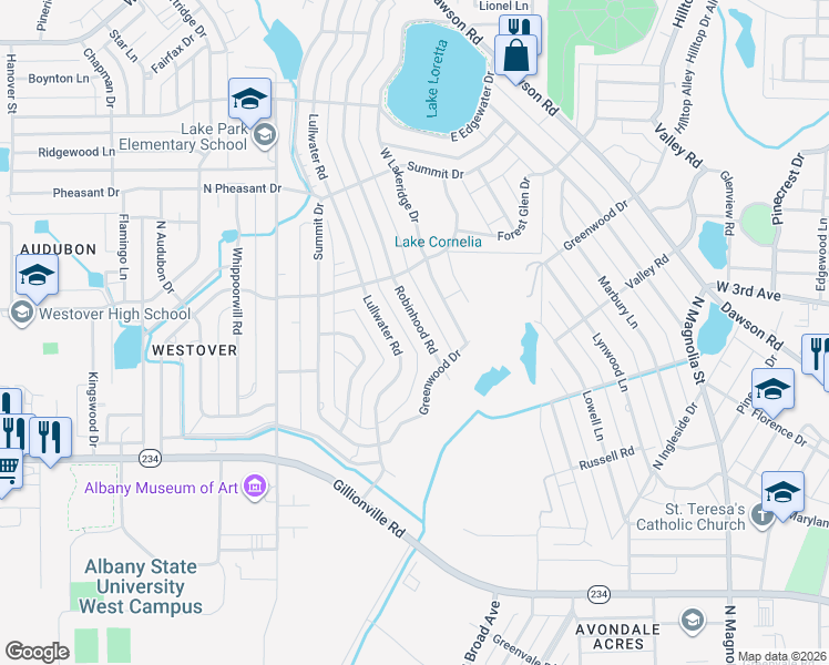 map of restaurants, bars, coffee shops, grocery stores, and more near 1809 Robinhood Road in Albany