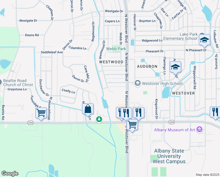 map of restaurants, bars, coffee shops, grocery stores, and more near 1206 Westwood Drive in Albany