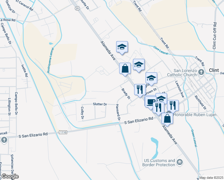 map of restaurants, bars, coffee shops, grocery stores, and more near Jeff Jones Road in Clint