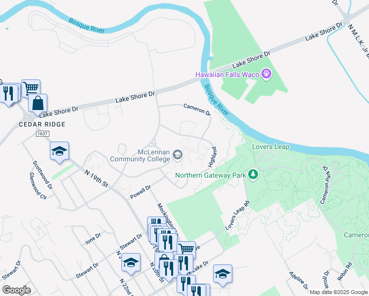 map of restaurants, bars, coffee shops, grocery stores, and more near 1400 College Drive in Waco