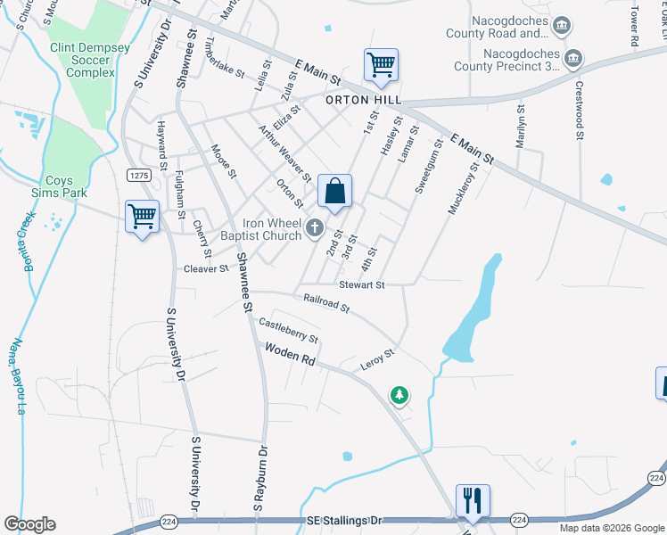map of restaurants, bars, coffee shops, grocery stores, and more near 906 3rd Street in Nacogdoches