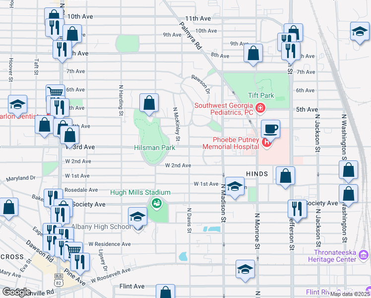 map of restaurants, bars, coffee shops, grocery stores, and more near 917 North Davis Street in Albany