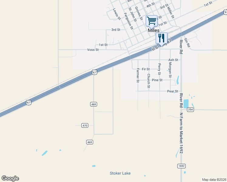 map of restaurants, bars, coffee shops, grocery stores, and more near 191 County Road 470 in Miles