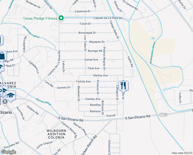 map of restaurants, bars, coffee shops, grocery stores, and more near 440 Hartley Avenue in San Elizario