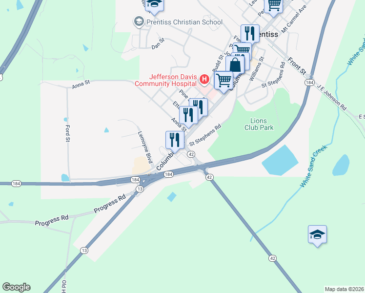 map of restaurants, bars, coffee shops, grocery stores, and more near 1106 Columbia Avenue in Prentiss