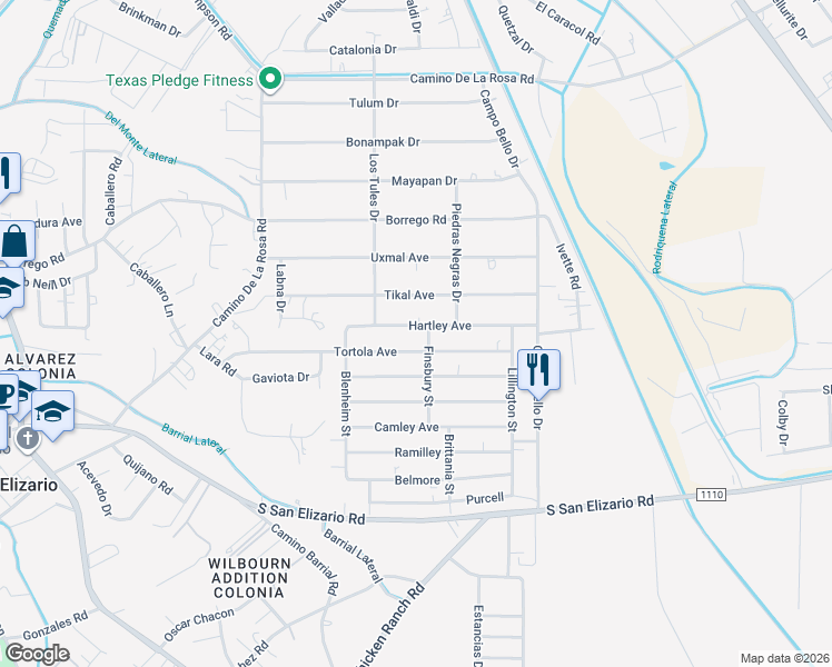 map of restaurants, bars, coffee shops, grocery stores, and more near 440 Hartley Avenue in San Elizario