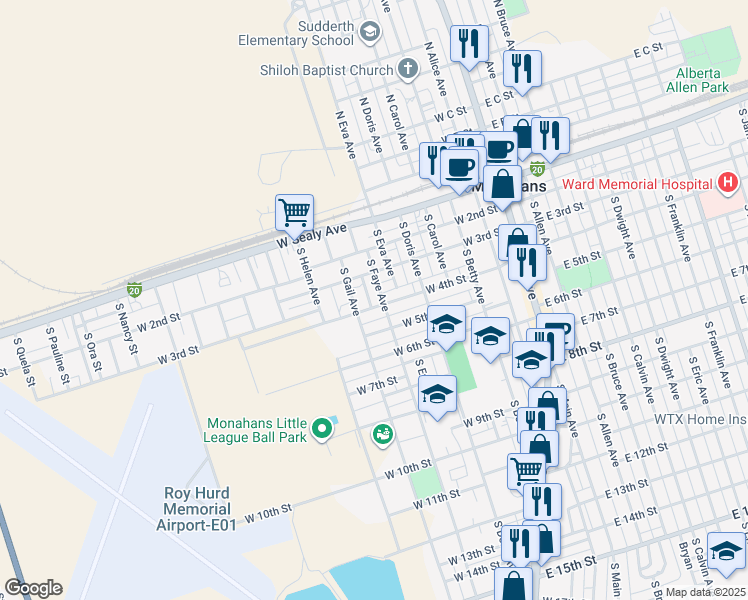 map of restaurants, bars, coffee shops, grocery stores, and more near 601 West 4th Street in Monahans