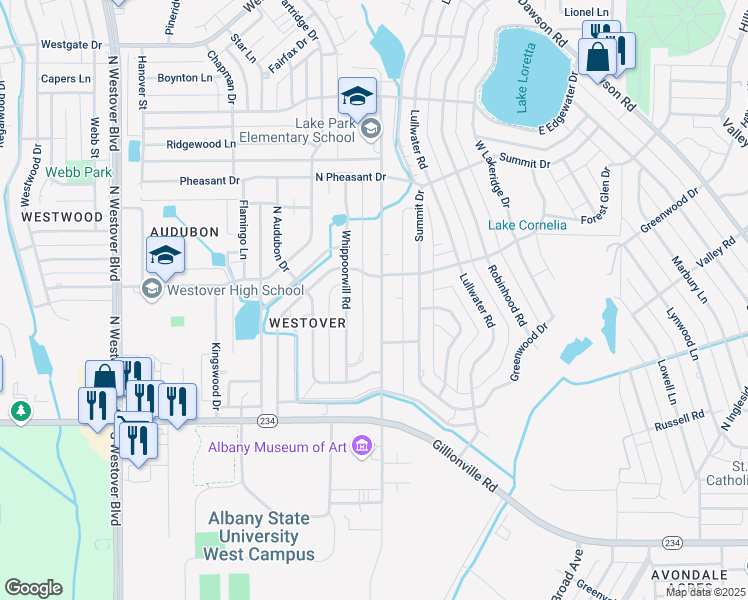 map of restaurants, bars, coffee shops, grocery stores, and more near 427 Meadowlark Drive in Albany