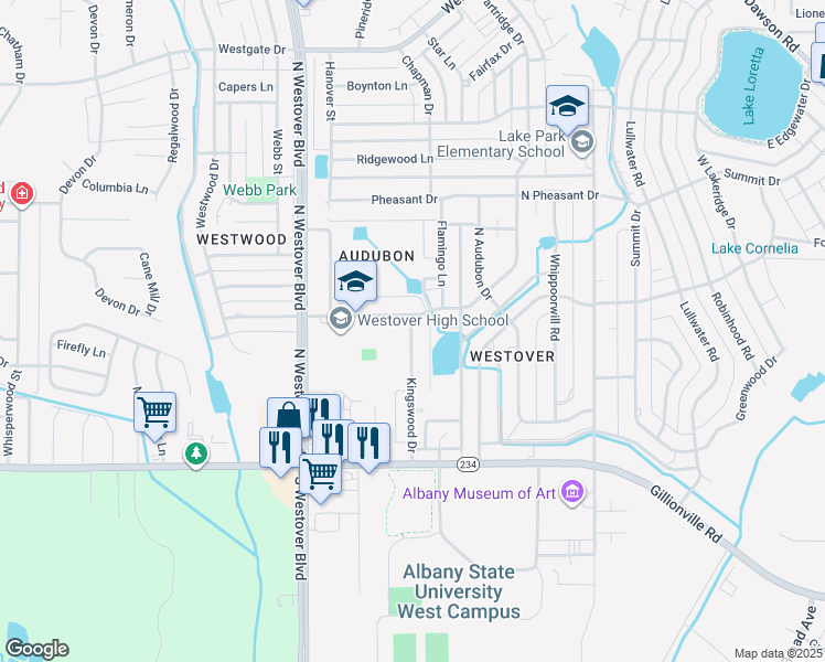map of restaurants, bars, coffee shops, grocery stores, and more near 434 Kingswood Drive in Albany