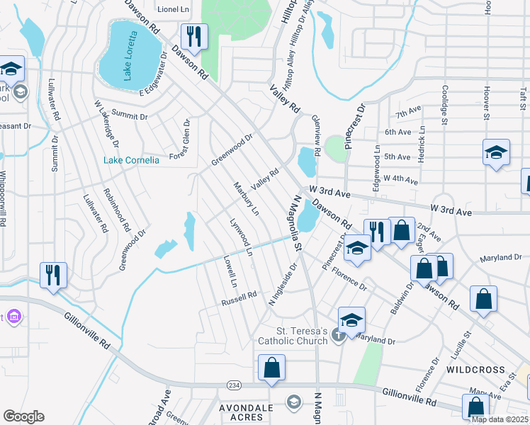 map of restaurants, bars, coffee shops, grocery stores, and more near 1709 Marbury Lane in Albany