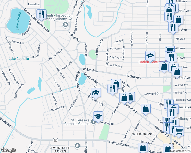 map of restaurants, bars, coffee shops, grocery stores, and more near 1535 Dawson Road in Albany