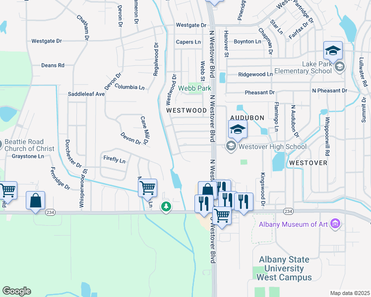 map of restaurants, bars, coffee shops, grocery stores, and more near 1206 Westwood Drive in Albany