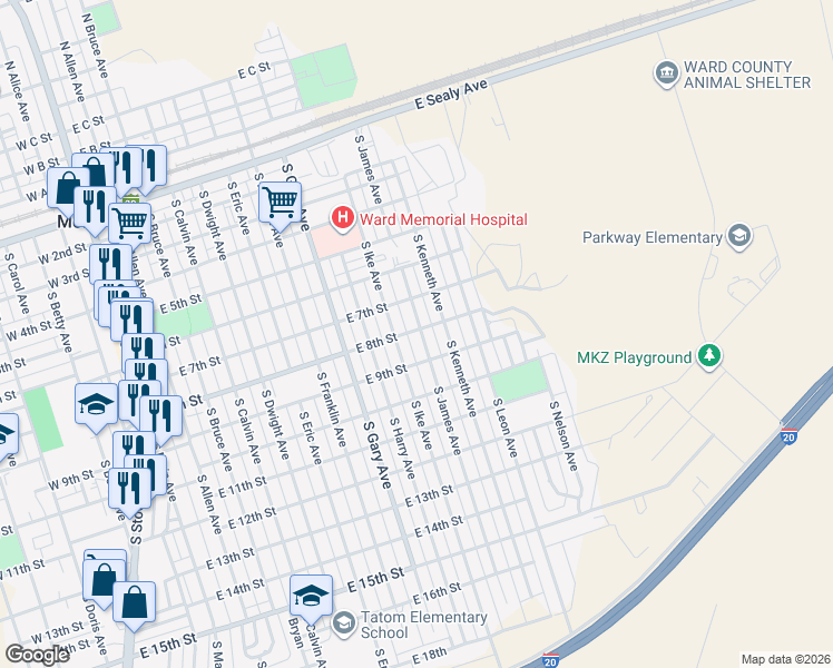 map of restaurants, bars, coffee shops, grocery stores, and more near 809 South James Avenue in Monahans