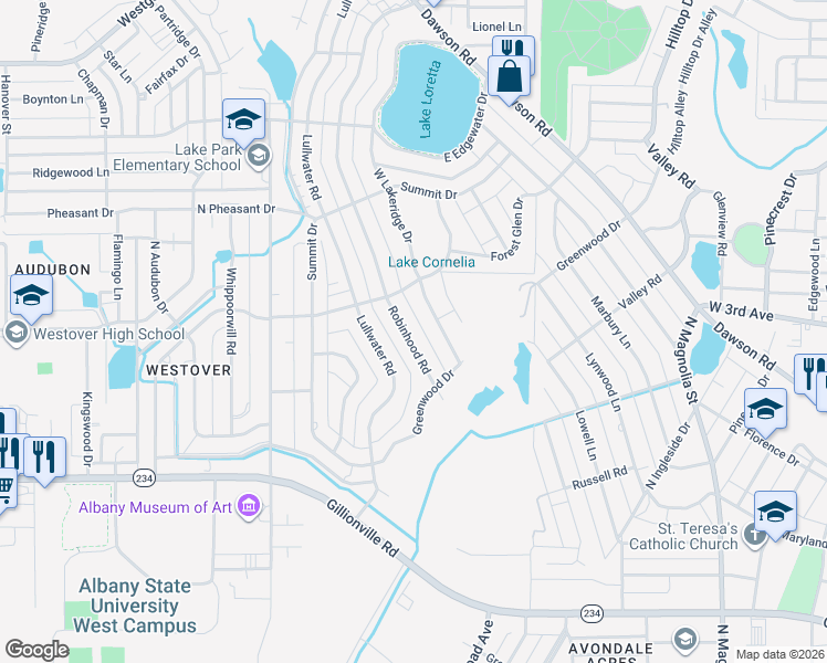 map of restaurants, bars, coffee shops, grocery stores, and more near 1809 Robinhood Road in Albany