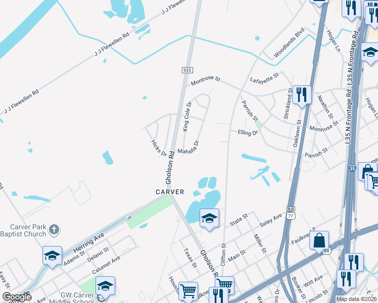 map of restaurants, bars, coffee shops, grocery stores, and more near 1807 King Cole Drive in Waco