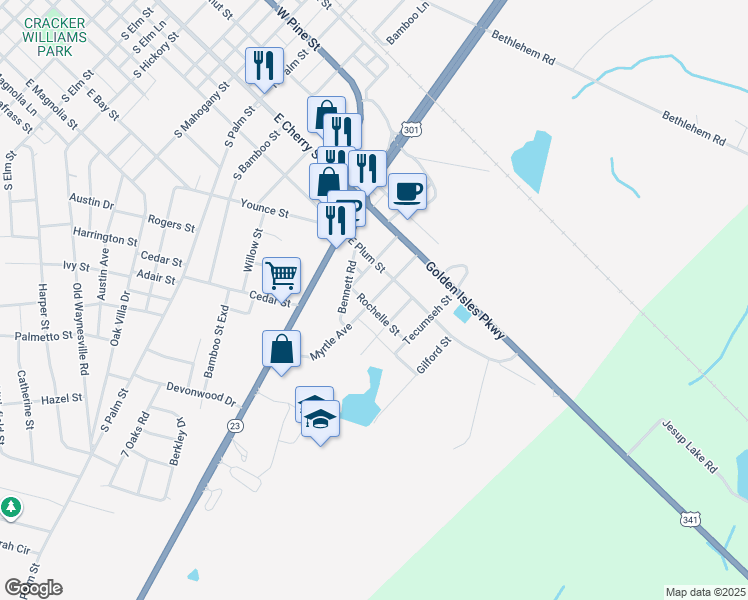 map of restaurants, bars, coffee shops, grocery stores, and more near 273 Delwood Street in Jesup