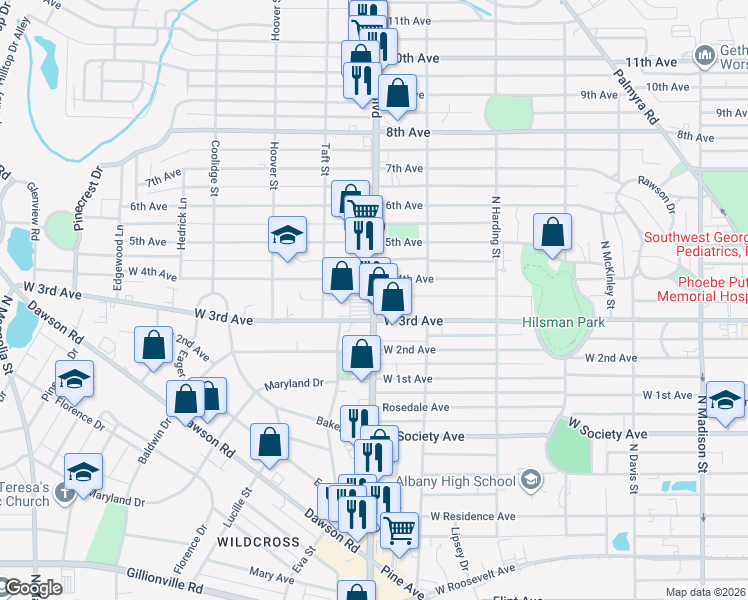 map of restaurants, bars, coffee shops, grocery stores, and more near 1018 North Slappey Boulevard in Albany