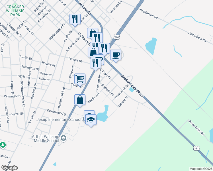 map of restaurants, bars, coffee shops, grocery stores, and more near 273 Delwood Street in Jesup
