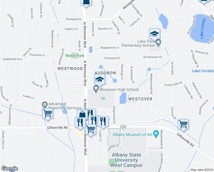 map of restaurants, bars, coffee shops, grocery stores, and more near 2611 Partridge Drive in Albany
