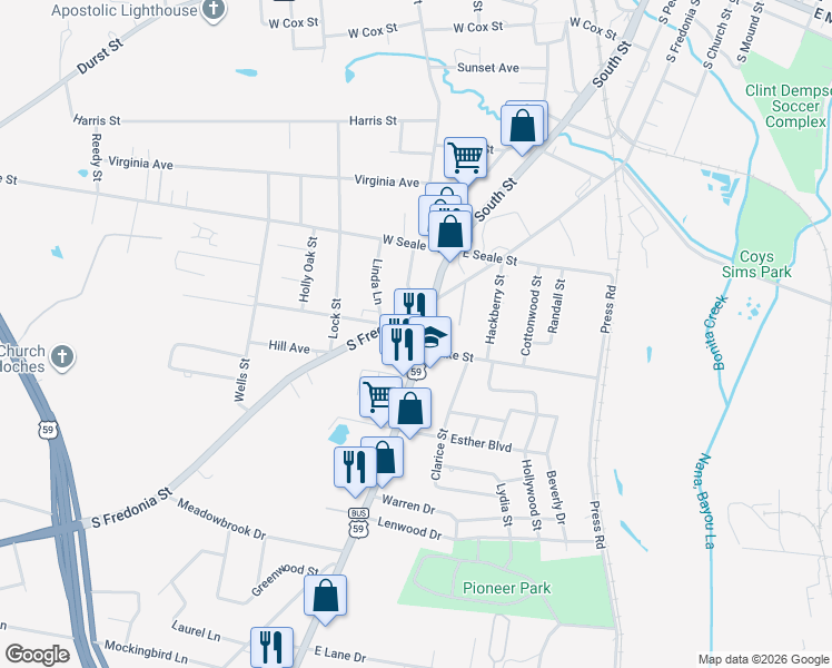 map of restaurants, bars, coffee shops, grocery stores, and more near 1850 South Fredonia Street in Nacogdoches