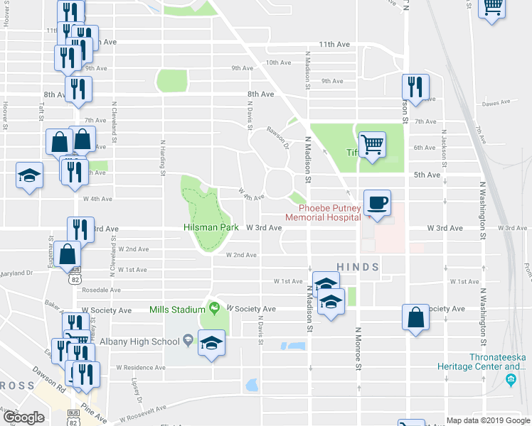 map of restaurants, bars, coffee shops, grocery stores, and more near 700 West 4th Avenue in Albany