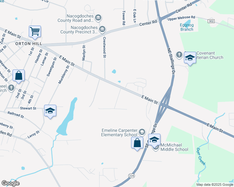 map of restaurants, bars, coffee shops, grocery stores, and more near 122 Scarborough Street in Nacogdoches