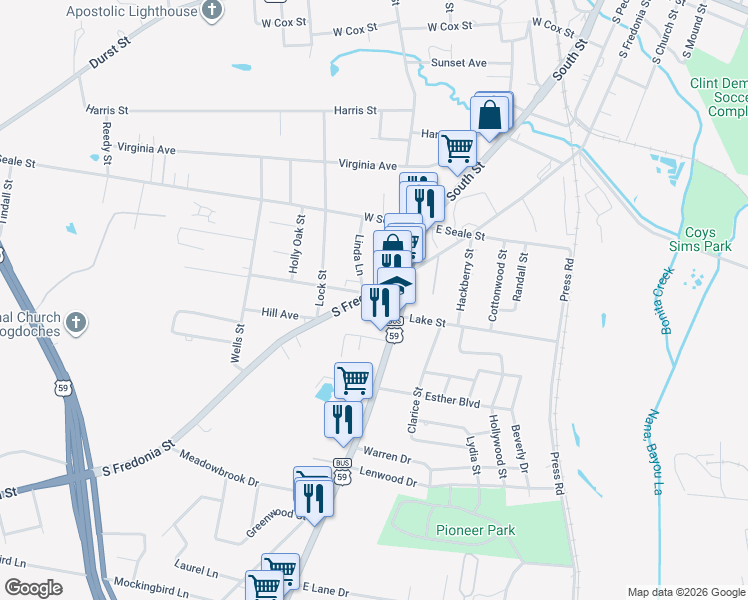 map of restaurants, bars, coffee shops, grocery stores, and more near 1850-1876 South Fredonia Street in Nacogdoches