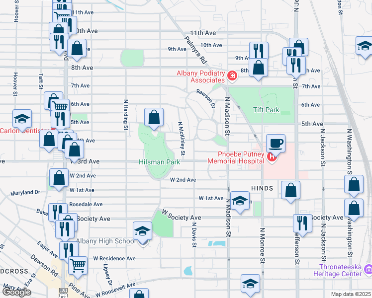 map of restaurants, bars, coffee shops, grocery stores, and more near 700 West 4th Avenue in Albany