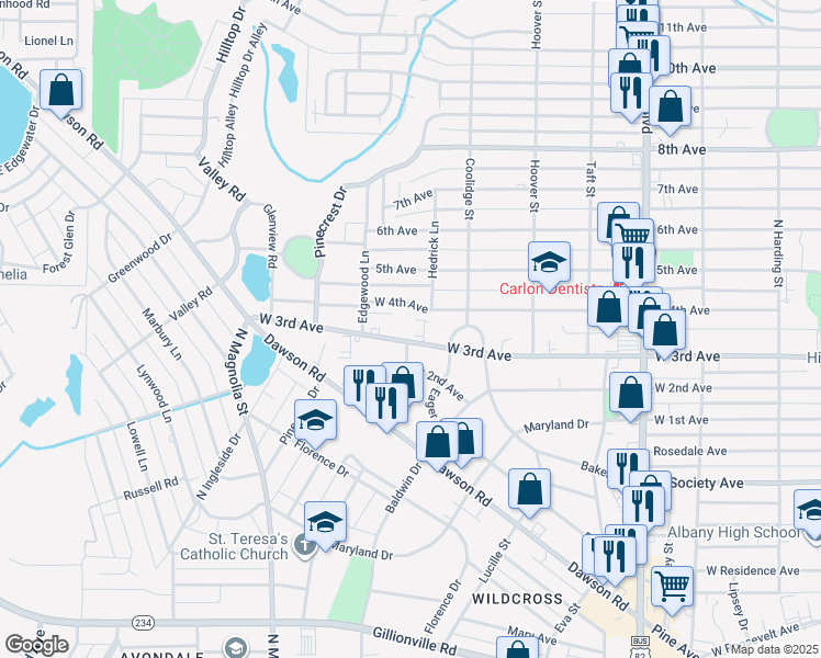 map of restaurants, bars, coffee shops, grocery stores, and more near 1500-1598 4th Avenue in Albany