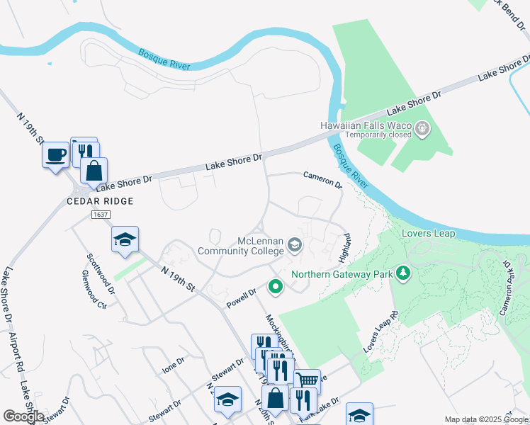 map of restaurants, bars, coffee shops, grocery stores, and more near 1400 College Drive in Waco