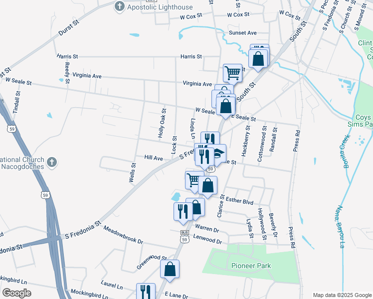 map of restaurants, bars, coffee shops, grocery stores, and more near 1918 South Fredonia Street in Nacogdoches