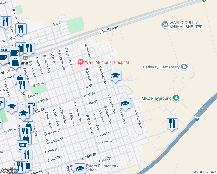 map of restaurants, bars, coffee shops, grocery stores, and more near 707 South Leon Avenue in Monahans