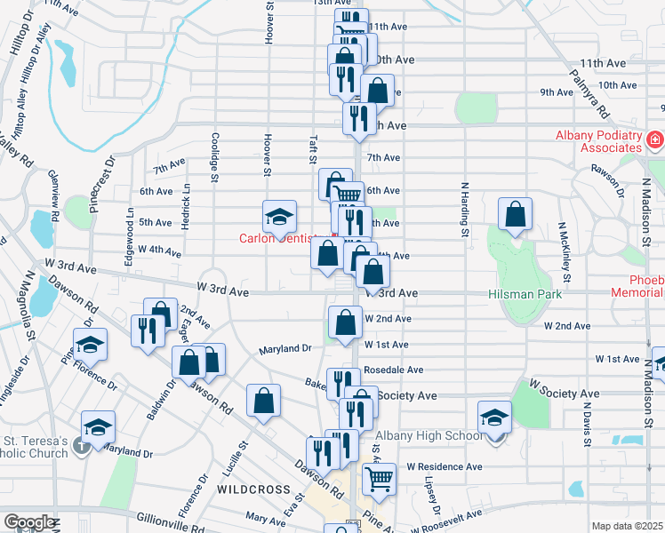 map of restaurants, bars, coffee shops, grocery stores, and more near 1106 West 4th Avenue in Albany