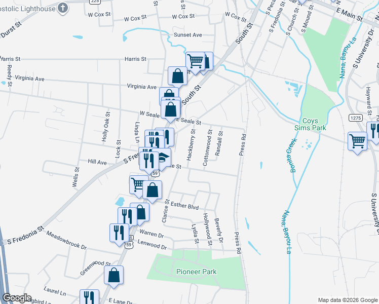 map of restaurants, bars, coffee shops, grocery stores, and more near 1023 Shepherd Street in Nacogdoches