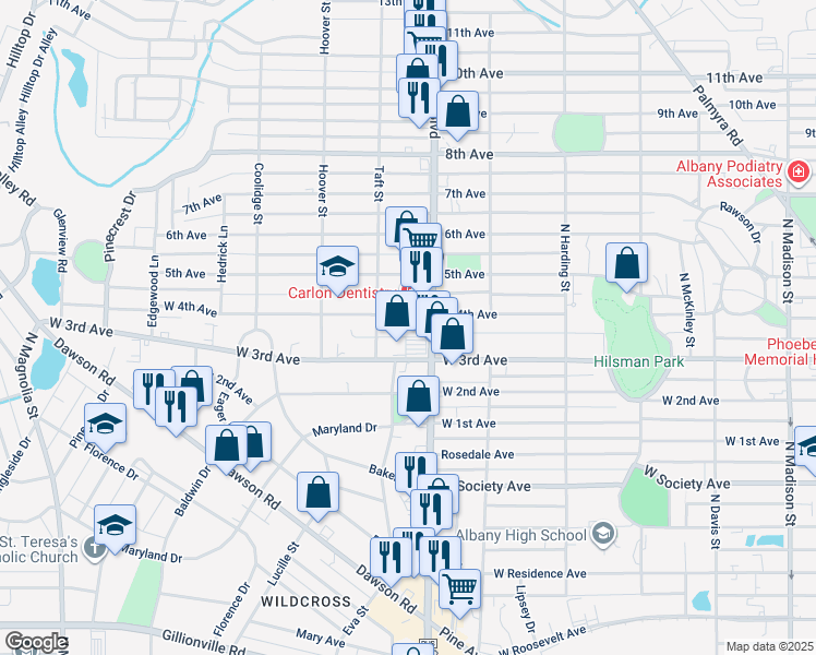 map of restaurants, bars, coffee shops, grocery stores, and more near 1106 West 4th Avenue in Albany