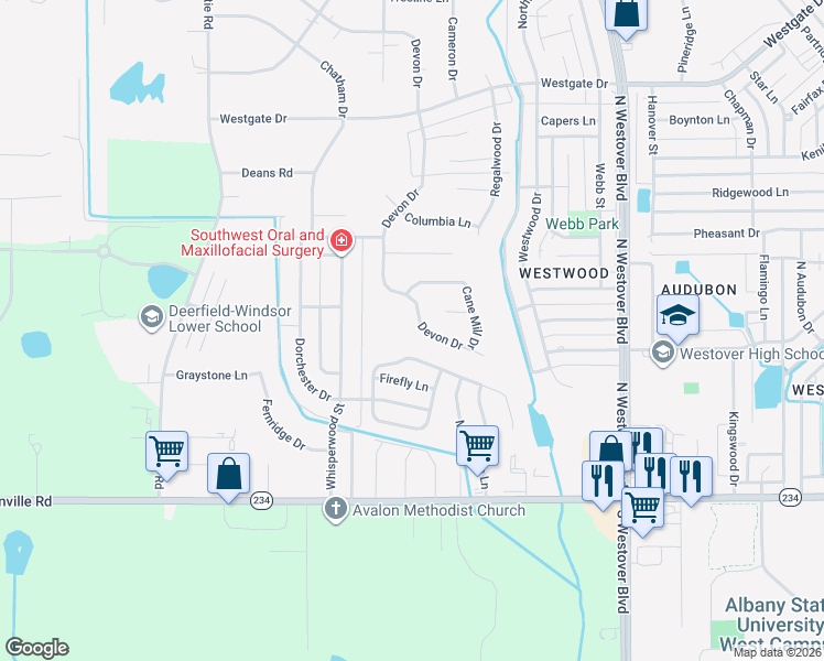 map of restaurants, bars, coffee shops, grocery stores, and more near 1629 Devon Drive in Albany
