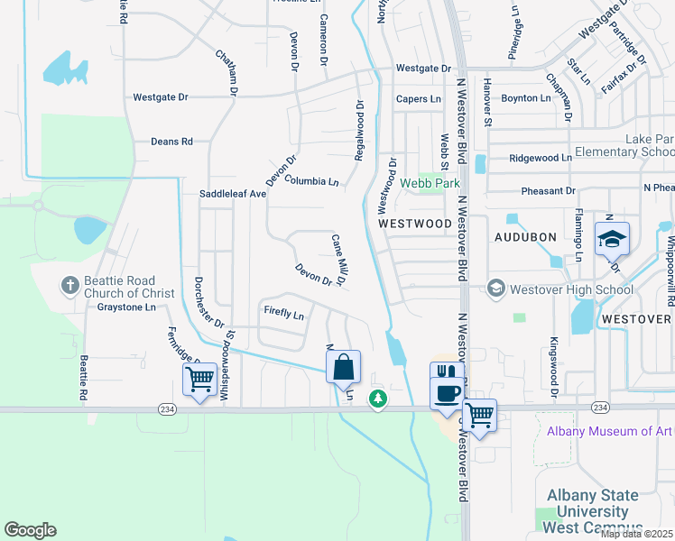 map of restaurants, bars, coffee shops, grocery stores, and more near 3102 Cane Mill Drive in Albany