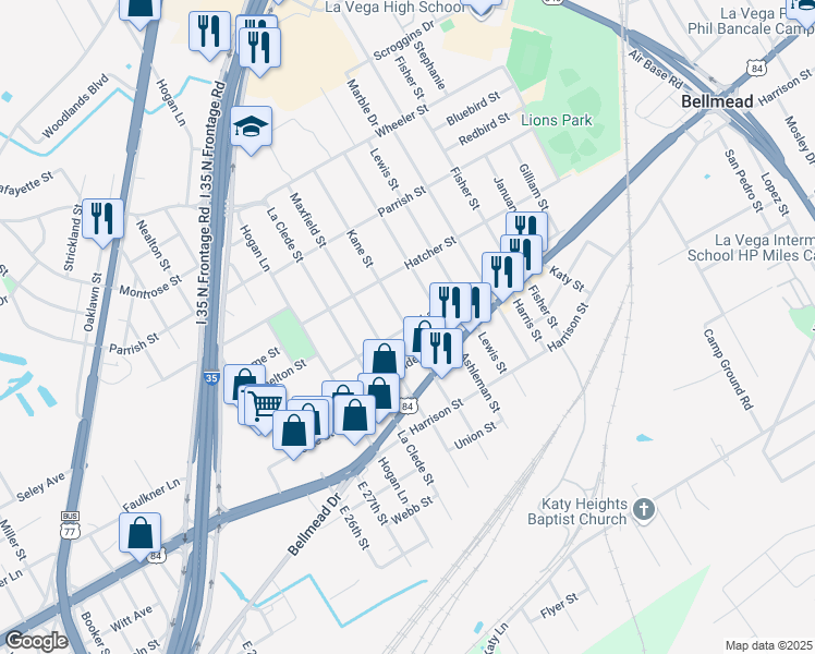 map of restaurants, bars, coffee shops, grocery stores, and more near 3100 Latimer Street in Bellmead