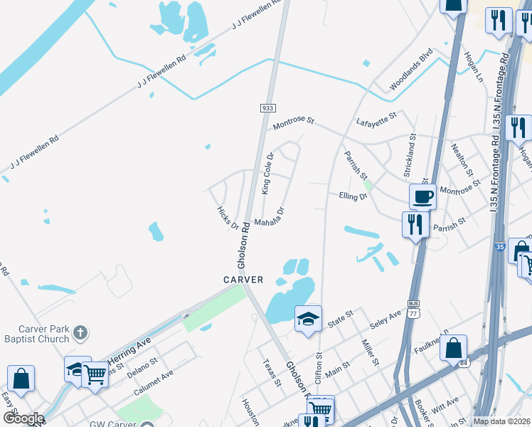 map of restaurants, bars, coffee shops, grocery stores, and more near 1807 King Cole Drive in Waco