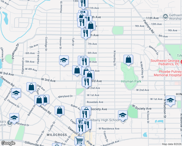 map of restaurants, bars, coffee shops, grocery stores, and more near 1018 North Slappey Boulevard in Albany